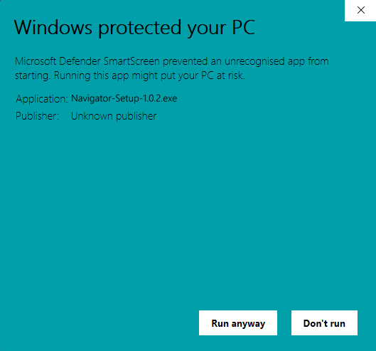 The same screen after More info. It shows the application name Navigator-Setup and the publisher Unknown publisher. A Run anyway button is at the bottom, next to Don't run.